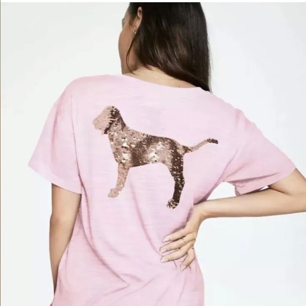 USED Victoria secret PINK Rose Gold Sequin Dog Tee